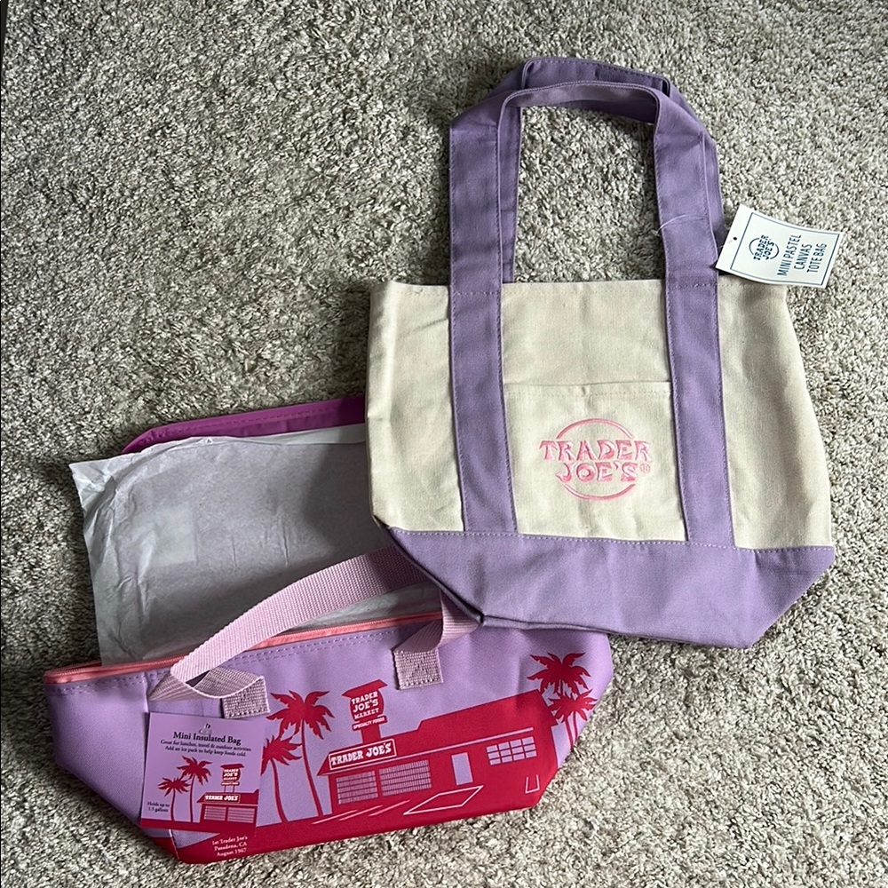Trader Joe's Cream & Purple Canvas Tote with Pink Insulated Bag